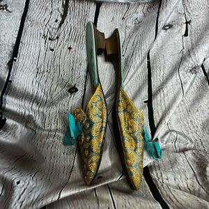 Vintage Ornate Brocade Bow Low Heel House Jacquard Slippers Gold Teal AS IS 10.5